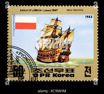 Briefmarke aus Nordkorea, die alten Segeln der Adler von Lübeck, Lübeck 1567 Schiff