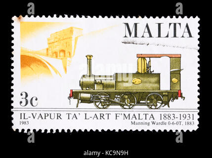 Briefmarke aus Malta, die Besatzungsstärke Wardle Dampfmaschine, centennial von Malta Eisenbahnen. Stockfoto