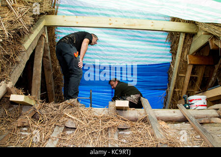 Reparieren und das Decken des Daches am Pflug Pub, Church Street, West hanney, Wantage, Oxfordshire, Großbritannien Stockfoto