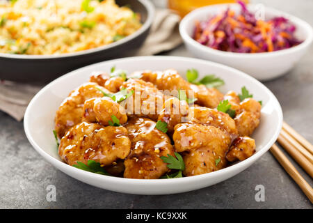 Würzig süß und sauer Huhn mit Reis und Kohl Stockfoto