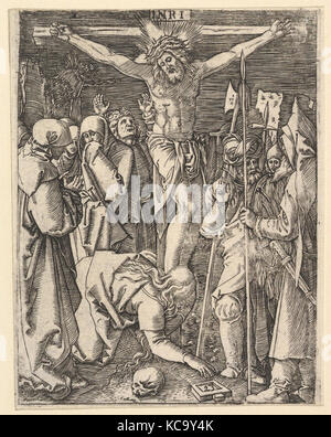 Die Kreuzigung: Christus am Kreuz mit Magdalena im Vordergrund, nach Dürer, Marcantonio Raimondi, 1500 - 1534 Stockfoto