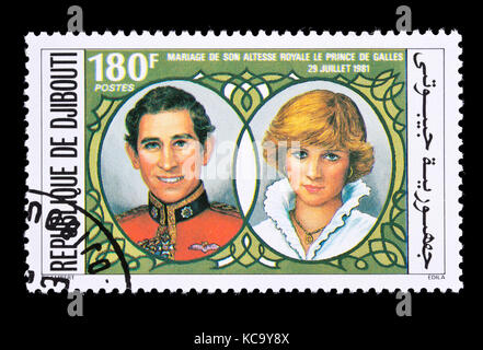 Briefmarke her Dschibuti Darstellung von Prinz Charles und Lady Diana, für die königliche Hochzeit in 1981. Stockfoto
