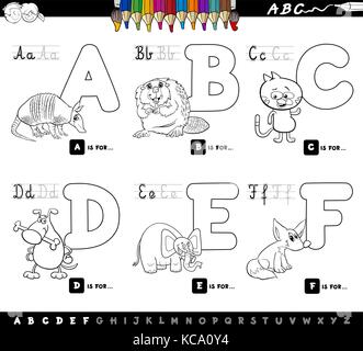 Schwarze und Weiße Cartoon Illustration von Großbuchstaben Alphabet Set mit Tier Zeichen für das Lesen und Schreiben von Bildung für Kinder von A bis F Stock Vektor