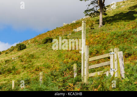 Ländliche Schild und hölzernen Stil auf einem Wanderweg, die den Berwyn Mountain Trail in Wales, Großbritannien Stockfoto