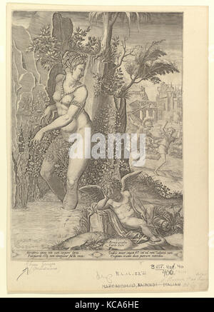 Venus Gestochen durch die Dornen der Rose Bush; Amor schlafend im Vordergrund, gestochen von Giorgio Ghisi, 1556 Stockfoto