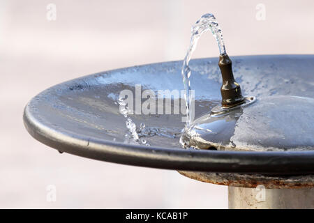 Wasser aus einem Hahn in einem öffentlichen Brunnen und Fallen in eine Platte Stockfoto