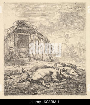 Drei Schweine liegen auf Ihren Seiten, ein Schweinestall und Trog jenseits, Karel Dujardin, 1652 Stockfoto