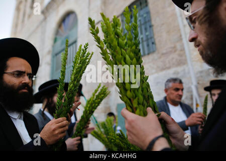 (171003) - JERUSALEM, Oktober 3, 2017 (Xinhua) - ultra-orthodoxe Juden die Vorbereitung für die kommende jüdische Feiertag von Sukkot in Jerusalems Mea Shearim Neighborhood, am Okt. 3, 2017. Die ukkot', am Fest der Laubhütten, ist ein biblischer einwöchigen Urlaub, erinnert sich der 40 Jahre reisen in die Wüste nach dem Auszug aus der Sklaverei in Ägypten. (Xinhua / Gil Cohen Magen) Stockfoto