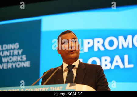 Manchester, Großbritannien. 03 Okt, 2017. Einer der Redner auf dem Parteitag der Konservativen Partei, Manchester, 3. Oktober 2017 (C) Barbara Cook/Alamy Live News Credit: Barbara Koch/Alamy leben Nachrichten Stockfoto