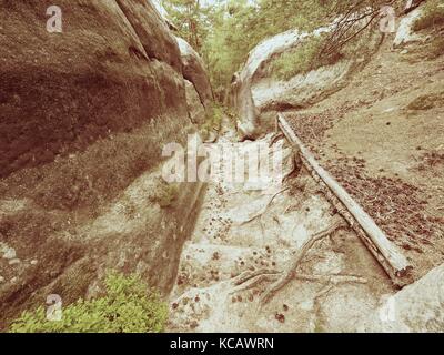 Tiefe Eingang weg in Sandstein blockieren. historischen Weg durch den Nadelwald Stockfoto