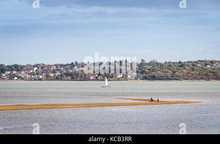 Besucher Lepe Beach in der Nähe von Southampton auf einer Sandbank bei Ebbe in den Solent Spaziergang auf der Isle of Wight in der Ferne Stockfoto