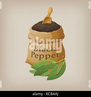 Schwarzer Pfeffer in der Tasche. Vector Illustration Stock Vektor