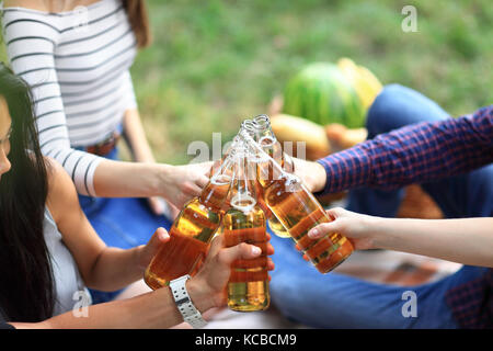 Junge Freunde Spaß im Freien, klirrenden Flaschen Bier. Fokus auf Flaschen. Gruppe von Personen, die Partei im Park sitzen um auf Gras auf warmen Stockfoto