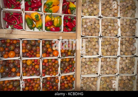 Kirschtomaten Paprika und gemahlene Kirschen Einzelcontainer Farmers Market Bio-frisches Gemüse Stockfoto