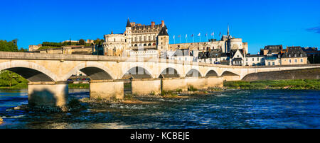 Schöne amboise Dorf, mit Blick auf die Alte Brücke und Schloss, Loire Tal, Frankreich. Stockfoto