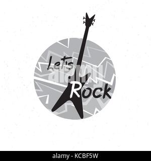 Rock Musik Banner. musikalische anmelden. let's rock Schriftzug mit Gitarre. rock'n'roll Label. Stock Vektor