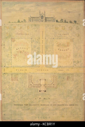 Design für die Universität von Michigan (Elevation und Plan von Gebäude und Gelände), Alexander Jackson Davis, Ca. 1838 Stockfoto