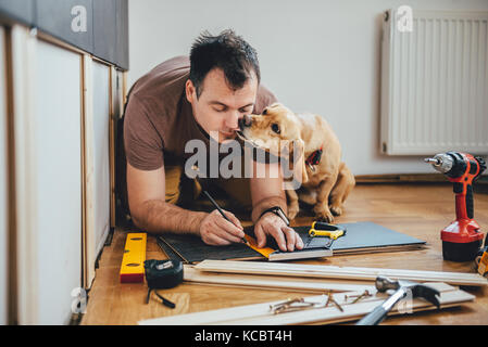 Mann tun Renovierungsarbeiten zu Hause zusammen mit seinen kleinen gelben Hund Stockfoto