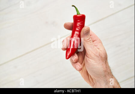 Ein mans hand herauf eine helle rote Chili auf einer Arbeitsfläche aus hellem Holz, Arbeitsplatte Hintergrund Stockfoto