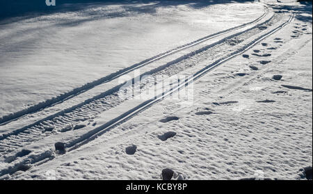 Snowmoblie Spuren und Abdrücke in beleuchteten Schnee in Schatten führt. Stockfoto