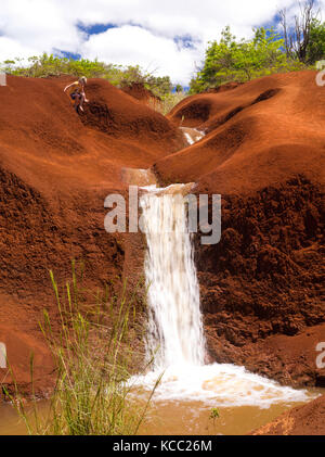 Blick auf rot Schmutz Wasserfall in der Nähe von Waimea Canyon, Kauai, Hawaii, USA. Stockfoto