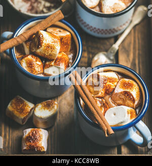 Heiße Schokolade mit Zimt und gerösteten Marshmallows, Quadrat Erntegut Stockfoto