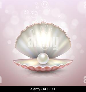 Realistische schönen natürlichen Open Sea Pearl Shell mit Reflexion closeup auf einem rosa Hintergrund verschwimmen. Design Template, Clipart, Symbol oder Mockup in eps 10. Vektor. Stock Vektor