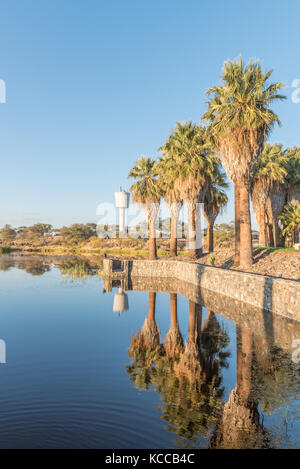 Sunset View mit Reflexionen von Palmen der Talsperre bei Gross Barmen, in der Nähe von Okahandja in der Kavango Region von Namibia Stockfoto