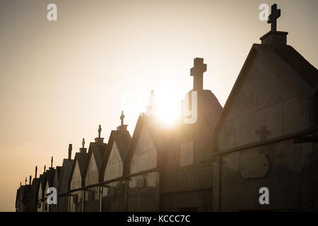 Sonne hinter Gräber von Marine Friedhof in Bonifacio, Korsika, Frankreich Stockfoto