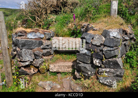 Stile in einer kornischen Granitsteinmauer auf der Halbinsel Lizard. Cornwall. GROSSBRITANNIEN Stockfoto