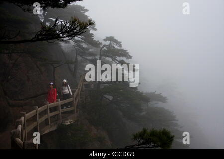 Der Nebel, Nebel Rainny Tag. Stein steile Stufen. Trekking walking wandern Huangshan Berg. Anhui, China. 13. April 2009 Stockfoto