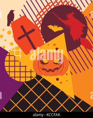 Halloween Memphis College. festliche Hintergrund mit mystischen Kreaturen und geometrischen Figuren im Stil der 80er Jahre. Vector Illustration Stock Vektor