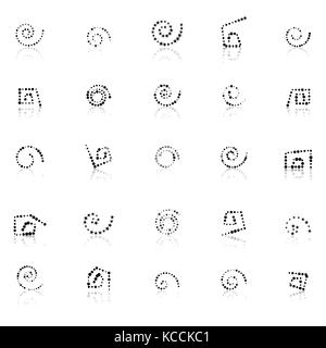 Set schwarz gepunktete Spiralen mit Spiegel Reflexion, auf weißem Hintergrund. abstrakte Symbole mit Raster, Vektor, Abbildung. Stock Vektor