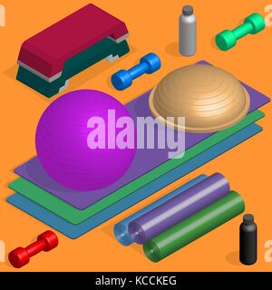 Satz von Sport-Ausrüstungsgegenstände. Designelemente für Fitness-Studio und Fitness-Raum. Flache isometrische 3D-Stil, Vektor-Illustration. Stock Vektor