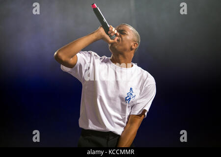 Der US-amerikanische Rapper Vince Staples führt ein Live-Konzert auf dem norwegischen Musikfestival Øyafestivalen 2015 in Oslo durch. Norwegen, 15/08 2015. Stockfoto