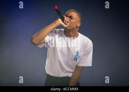 Der US-amerikanische Rapper Vince Staples führt ein Live-Konzert auf dem norwegischen Musikfestival Øyafestivalen 2015 in Oslo durch. Norwegen, 15/08 2015. Stockfoto