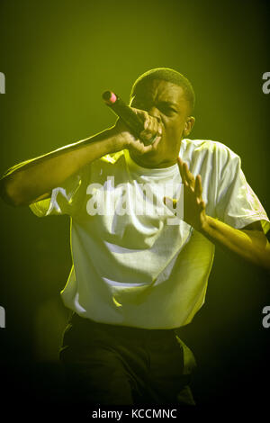 Der US-amerikanische Rapper Vince Staples führt ein Live-Konzert auf dem norwegischen Musikfestival Øyafestivalen 2015 in Oslo durch. Norwegen, 15/08 2015. Stockfoto