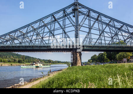 Blue Wonder Dresden Elbe Blaues Wunderbrücke, Blasewitz-Seite, Elbtal Dresdner Brücke, Deutschland Stockfoto