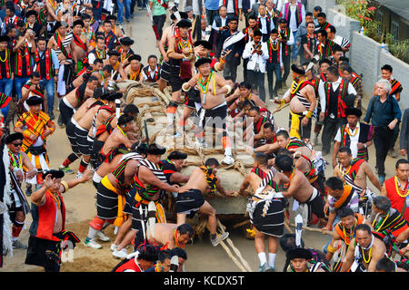 Stein ziehen Zeremonie, während Kisima Nagaland Hornbill Festival, Kohima, Nagaland, Indien Stockfoto