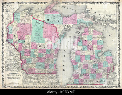 1862, Johnson, Karte von Michigan und Wisconsin Stockfoto