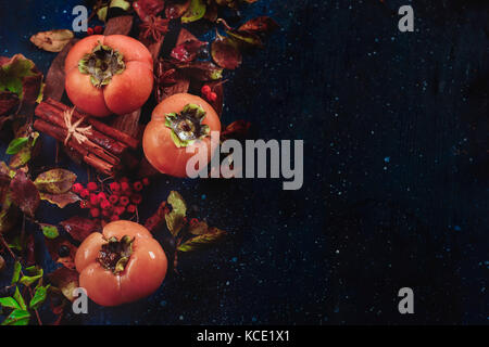 Reife persimonen auf einem dunklen Hintergrund mit Herbst Blätter, Beeren und Zimt. Wohnung mit Kopie Raum legen. Obst in dunklen Essen Fotografie. Stockfoto