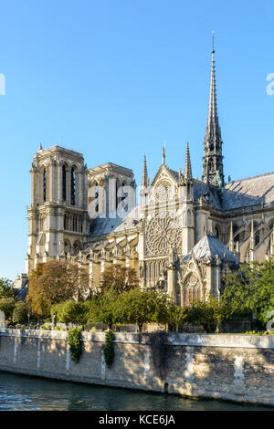 Drei Viertel auf der südlichen Seite der Kathedrale Notre-Dame de Paris von einem sonnigen Abend Anfang Herbst mit dem Fluss Seine in der foreg Stockfoto