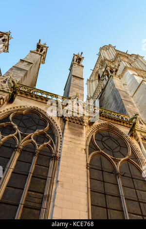 Ansicht von unten der nördlichen Turm der Kathedrale Notre-Dame de Paris bei Sonnenuntergang mit Strebepfeilern und Wasserspeiern. Stockfoto