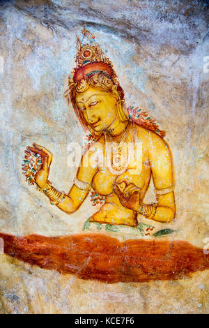 Rock Malerei Fresken der Jungfrauen in der Schloss-Festung Sigiriya, Central Province, Sri Lanka, Asien Stockfoto