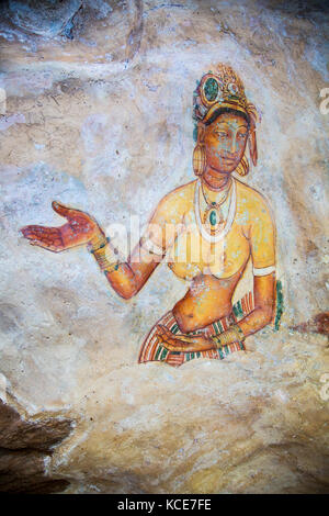 Rock Malerei Fresken der Jungfrauen in der Schloss-Festung Sigiriya, Central Province, Sri Lanka, Asien Stockfoto