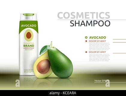 Shampoo Kosmetik realistische Mock up Package avocado Wesen. Vektor 3 Abbildung d. kosmetische anzeigen Vorlage. natürliche Frucht detaillierte 3D-Element Stock Vektor