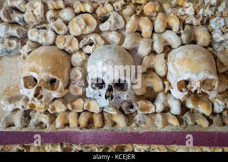 Menschliche Schädel und Knochen in der Wand der Capela dos ossos (Kapelle der Knochen). Igreja do Carmo Kirche. Faro, Algarve, Portugal Stockfoto