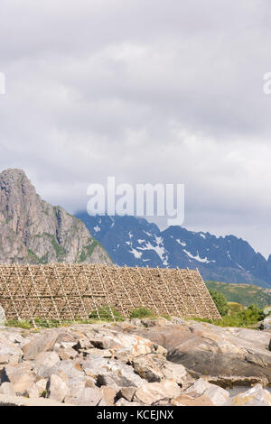 Übersicht von Regalen für die Trocknung Stockfisch im Lofoten in Norwegen Stockfoto