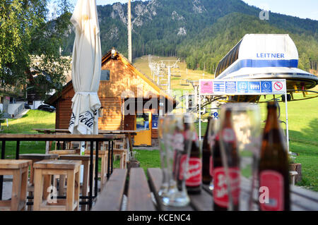 Bierflaschen und Gläser auf einem Picknicktisch im Sommer Stockfoto