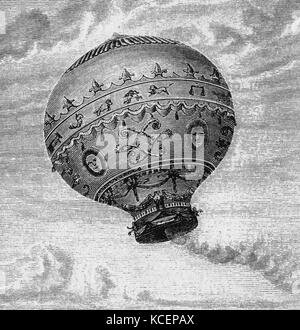 Kupferstich von Wasserstoff Ballon durch die Brüder Montgolfier konzipiert. Joseph-Michel Montgolfier (1740-1810) und Jacques-Étienne Montgolfier (1745-1799) Erfinder der Montgolfier im Heißluftballon, Globus aérostatique. Vom 18. Jahrhundert Stockfoto